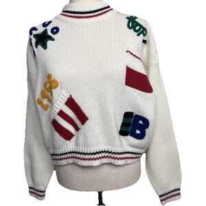 Vintage 90s Lord & Taylor Sweater Appliqué Womens Large White Varsity Sporty